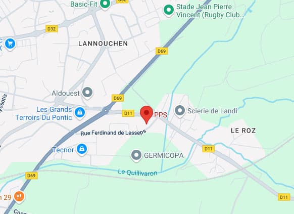 Carte de Lannouchen : Localisation du point PPS et routes principales. Carte de Lannouchen avec le repère PPS, les routes D69, D11, Rue Ferdinand de Lesseps et le fleuve Le Quillivaron.