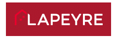 Logo Lapeyre sur fond rouge vif. Le 'L' initial est stylisé en toit de maison blanc, suivi du texte blanc 'APEYRE'. Identité visuelle moderne.