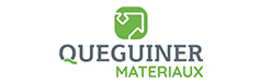 Logo Queguiner Matériaux : icône verte stylisée symbolisant la construction, surmontant le nom "QUEGUINER" en gris et "MATERIAUX" en vert.