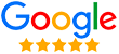 Logo Google multicolore avec cinq étoiles jaunes pleines indiquant une note maximale, symbolisant une excellente évaluation Google.